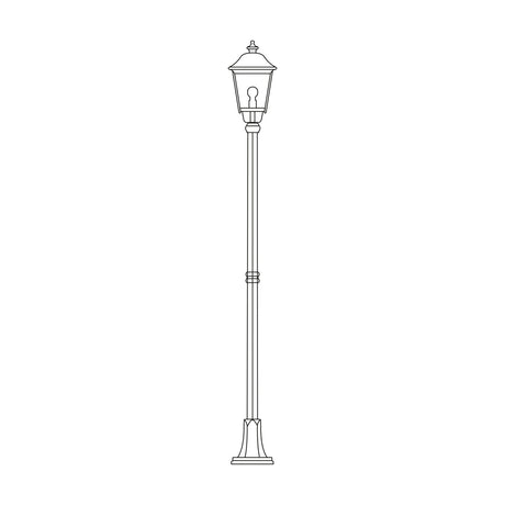 Gable cast aluminium outdoor lamp post, 211cm, with six-pane pagoda-roof lantern atop a slim column on a wide ribbed flange-plate foot, line drawing on a white background.