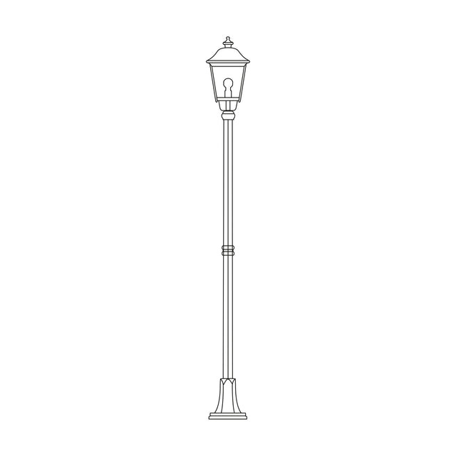 Gable cast aluminium outdoor lamp post, 211cm, with six-pane pagoda-roof lantern atop a slim column on a wide ribbed flange-plate foot, line drawing on a white background.