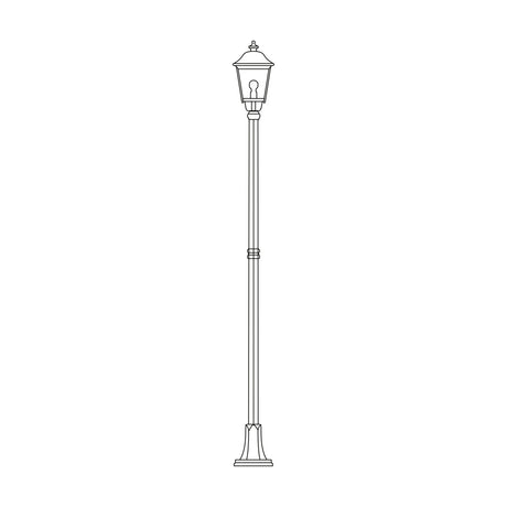Gable cast aluminium outdoor lamp post, 249cm tall with a six-panelled lantern head and ribbed flange-plate base, line illustration on a plain white background.