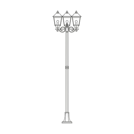 Gable Copper Top Outdoor 3 Light Lamp Post, 249cm cast column with three pagoda-roof lanterns and flange plate base, line drawing on white background.