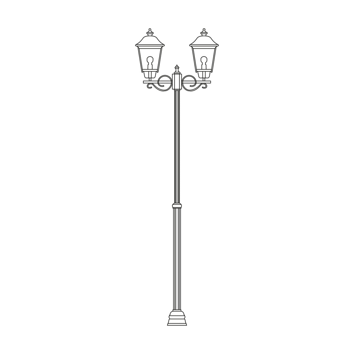 Gable traditional outdoor lamp post, 145-229cm adjustable column with 2 lantern heads featuring copper pagoda roofs and glass panes, shown as a line drawing on a white background.