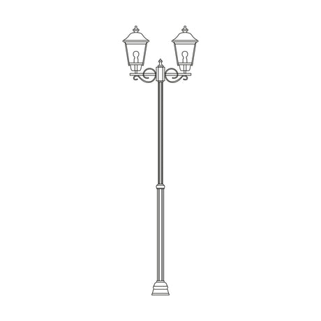 Gable traditional outdoor lamp post, 145-229cm adjustable column with 2 lantern heads featuring copper pagoda roofs and glass panes, shown as a line drawing on a white background.
