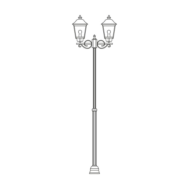 Gable traditional outdoor lamp post, 145-229cm adjustable column with 2 lantern heads featuring copper pagoda roofs and glass panes, shown as a line drawing on a white background.
