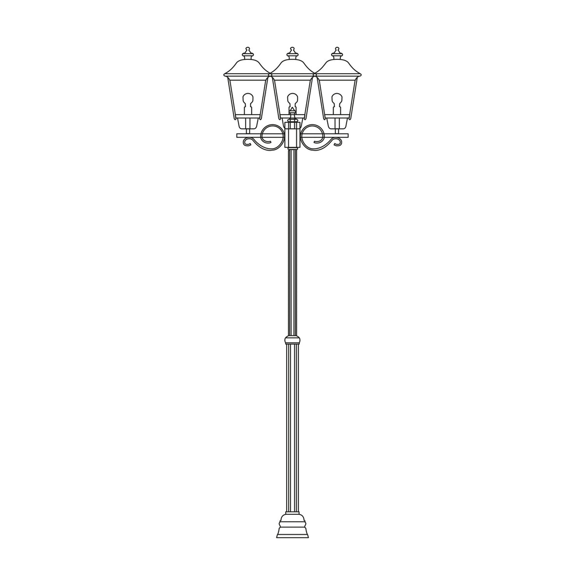 Gable adjustable outdoor lamp post, 145-229cm, with 3 lantern heads with copper-top pagoda roofs and glass panes, on a tall straight column with plinth base, line illustration on white background.