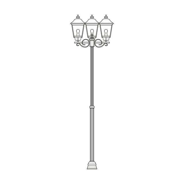 Gable adjustable outdoor lamp post, 145-229cm, with 3 lantern heads with copper-top pagoda roofs and glass panes, on a tall straight column with plinth base, line illustration on white background.