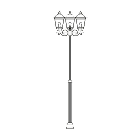 Gable cast aluminium outdoor lamp post, 249cm, with 3 pagoda-roof lantern heads with six-pane glass, a slim fluted column, and a ribbed flange base, shown as a line drawing on white.