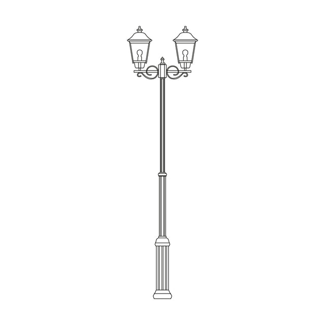 Gable Copper Top outdoor lamp post with adjustable aluminium column, 2 lantern heads with glass panes and pagoda roofs, traditional black finish, shown on a plain white background.