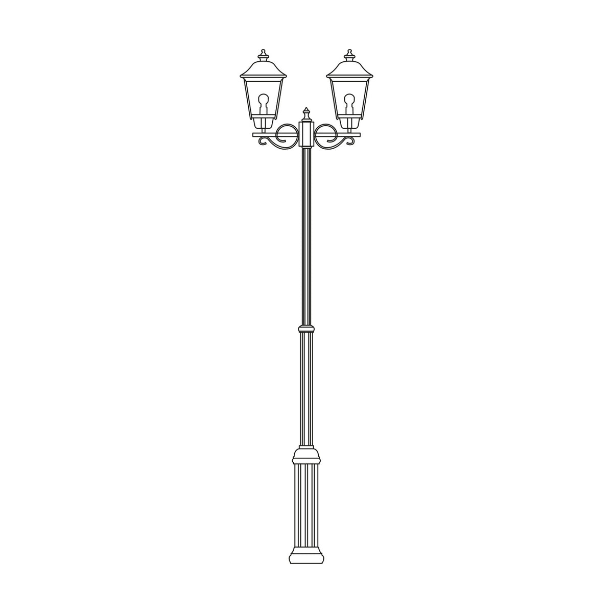 Gable outdoor 2-light lamp post, 249cm cast column with fluted base and twin lantern heads under pagoda roofs, line illustration on a plain white background.
