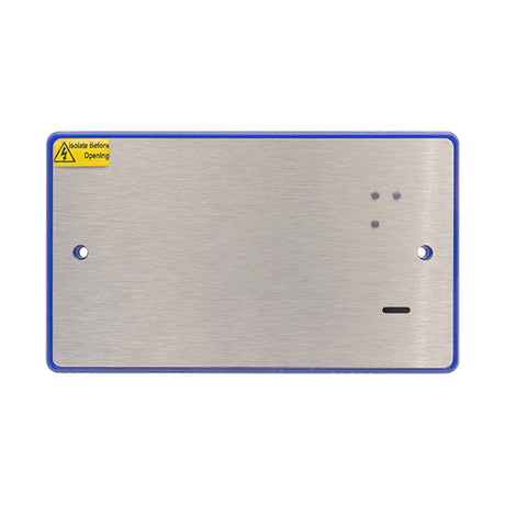 ESP Assist Call 4 Zone Module Power Supply Unit with brushed stainless steel faceplate, blue trim, indicator LEDs and safety label on a white background.