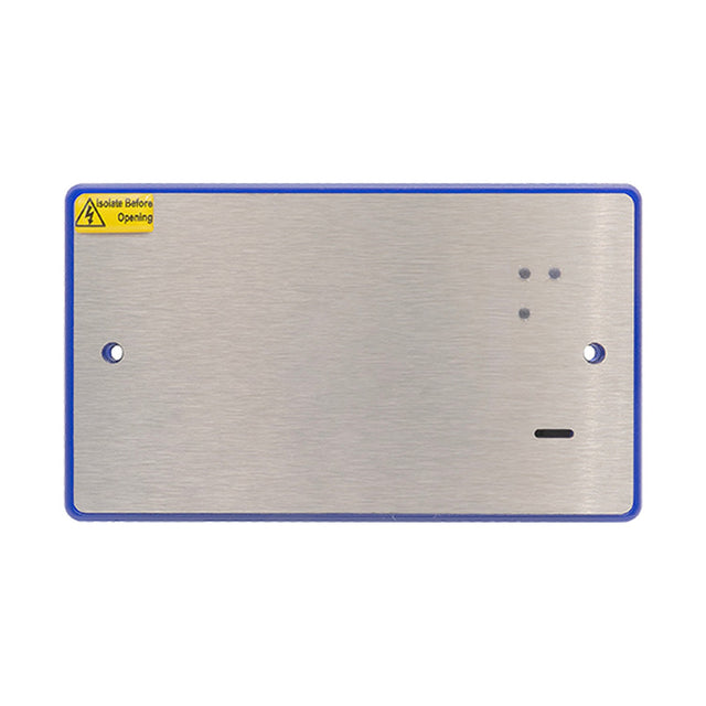 ESP Assist Call 4 Zone Module Power Supply Unit with brushed stainless steel faceplate, blue trim, indicator LEDs and safety label on a white background.