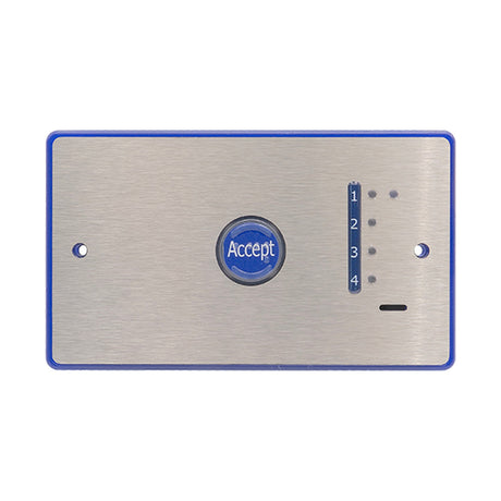 ESP Beacon Assist Call 4 Zone Module with stainless steel plate, blue Accept button, and numbered zone LED indicators on a plain white background.