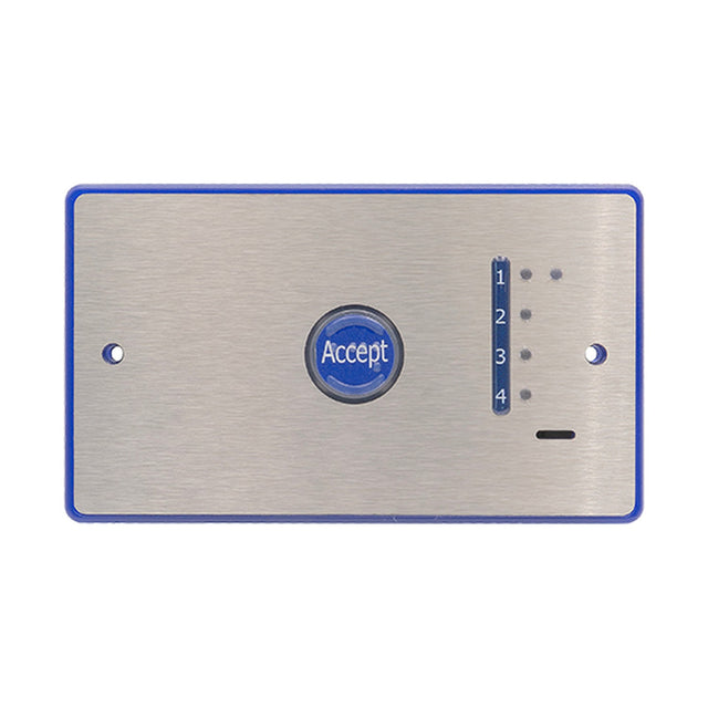 ESP Beacon Assist Call 4 Zone Module with stainless steel plate, blue Accept button, and numbered zone LED indicators on a plain white background.