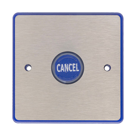 ESP Beacon Assist Call Cancel Module B1ACM with stainless steel square plate, blue trim and central blue illuminated Cancel push button on a white background.