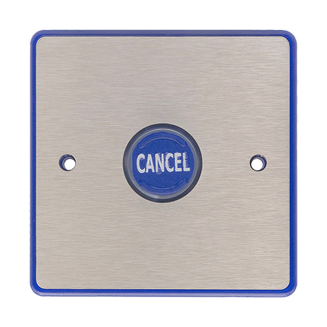 ESP Beacon Assist Call Cancel Module B1ACM with stainless steel square plate, blue trim and central blue illuminated Cancel push button on a white background.