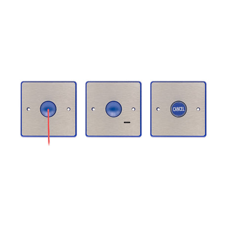 ESP Beacon Assist Call Kit with three stainless steel wall plates featuring blue pull cord, alert, and cancel buttons on a white background.