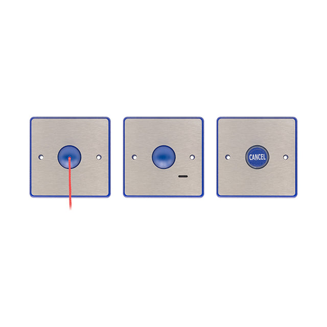 ESP Beacon Assist Call Kit with three stainless steel wall plates featuring blue pull cord, alert, and cancel buttons on a white background.