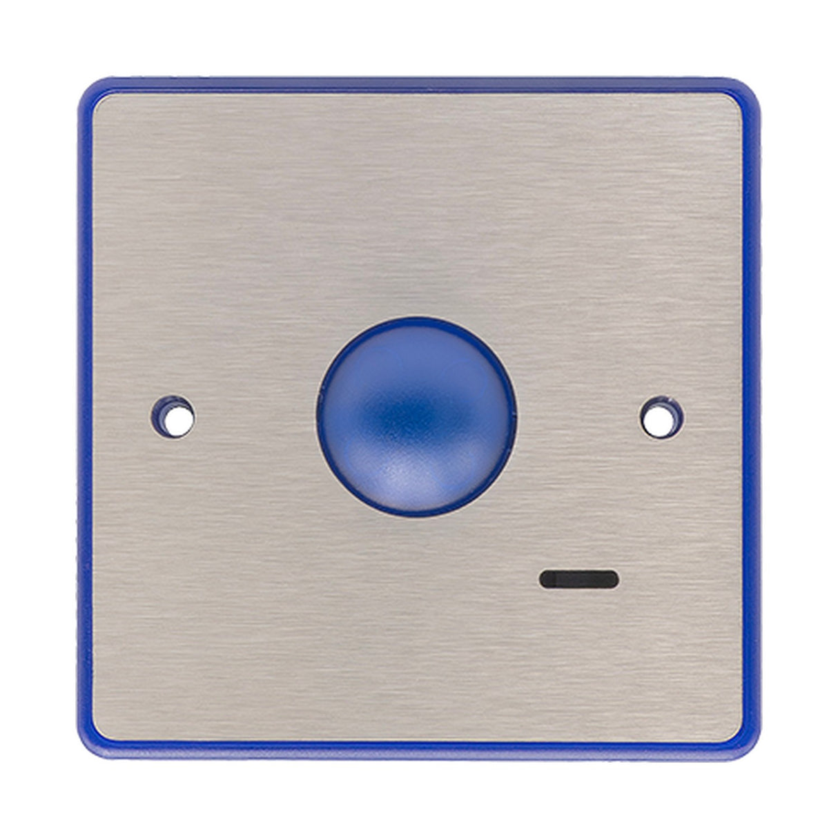 ESP Beacon Assist Call Alert Module with stainless steel square plate, blue trim, central blue dome button and indicator slot, on white background.