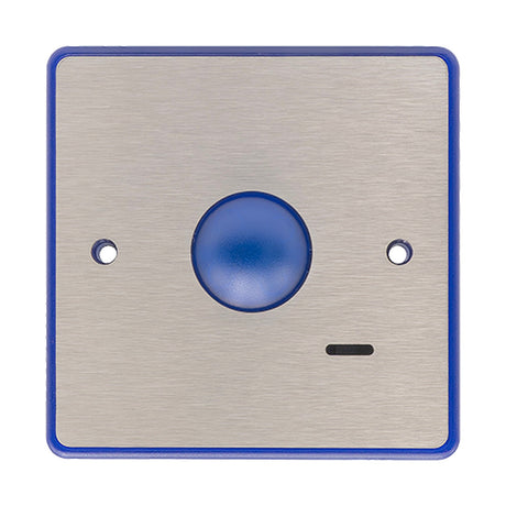 ESP Beacon Assist Call Alert Module with stainless steel square plate, blue trim, central blue dome button and indicator slot, on white background.
