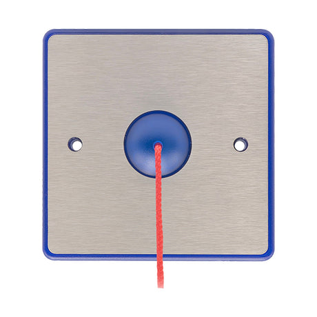 ESP Beacon Assist Call Pull Cord Module with stainless steel square plate, blue trim, central blue dome and red pull cord, on a white background.