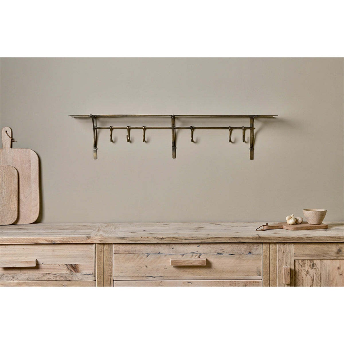 Basti 6 Hook Iron Wall Shelf - Antique Brass