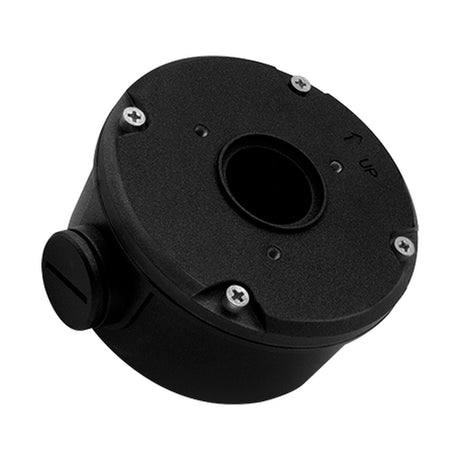 ESP HDview 24/7 deep camera base in matte black powder coated aluminium with side cable entry, mounting screws and UP marking, on a white background.