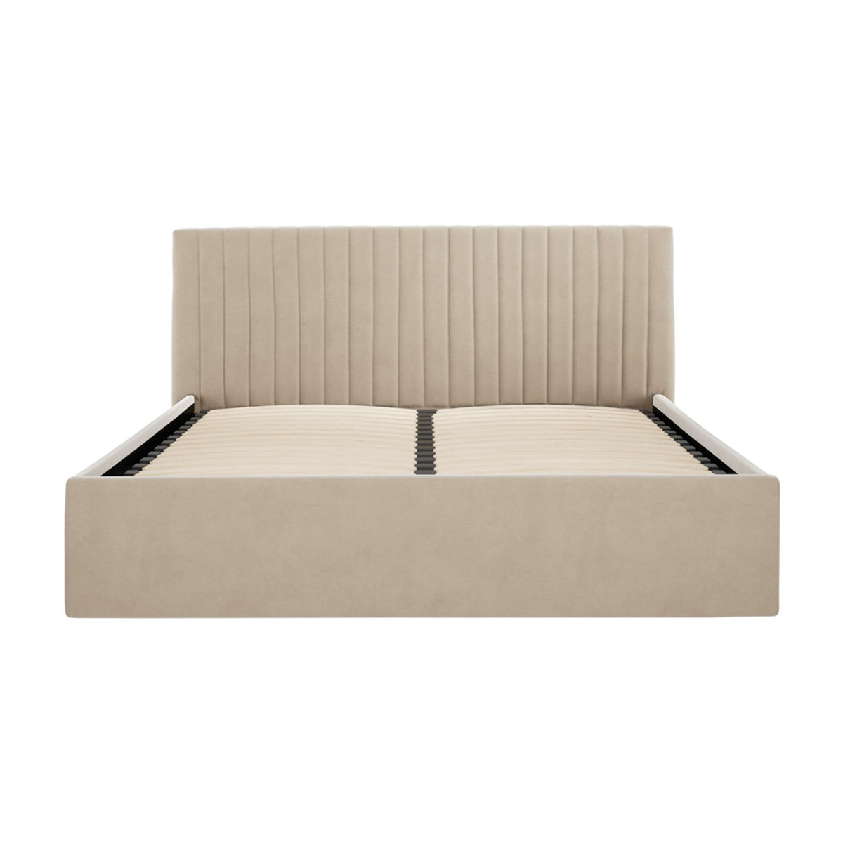 Berlin Ottoman Double Bed Frame in beige, front view showing fluted vertical-channel headboard, upholstered fabric base, and slatted mattress platform on a white background.