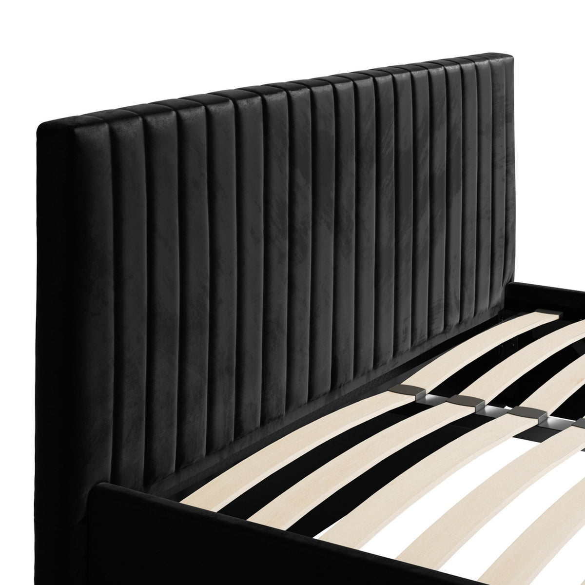 Close-up of the Berlin Ottoman Double Bed Frame in black, showing the fluted velvet-look headboard and wooden slatted base against a white background.