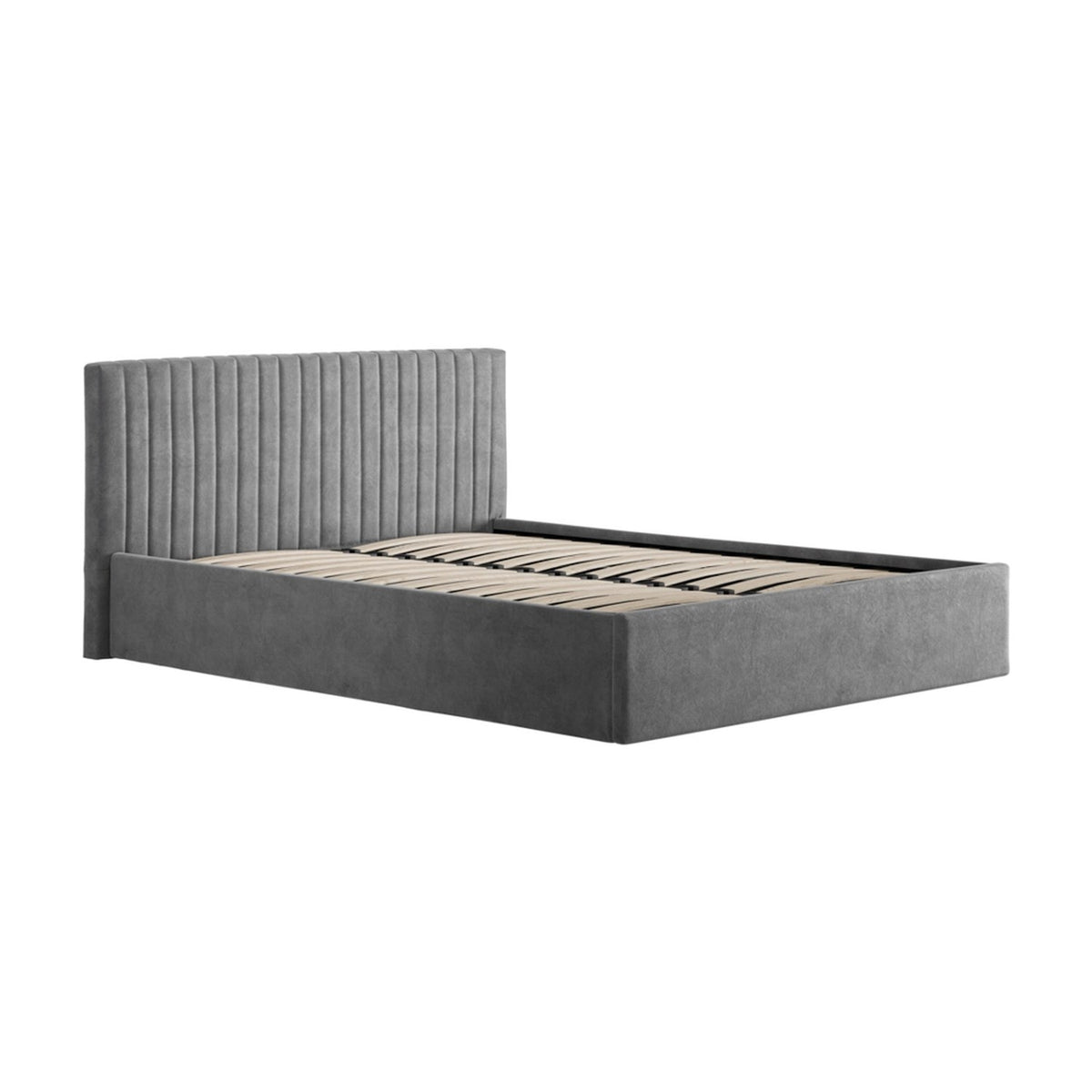 Berlin Ottoman double bed frame in silver velvet, featuring a vertically channel-stitched headboard and upholstered base with wooden slats, shown on a plain white background.