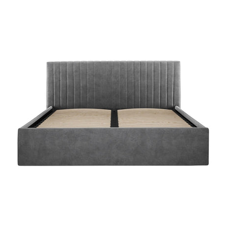 Berlin Ottoman double bed frame in silver velvet, with a vertically channelled padded headboard and matching upholstered base, shown on a plain white background.