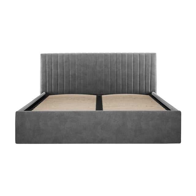 Berlin Ottoman double bed frame in silver velvet, with a vertically channelled padded headboard and matching upholstered base, shown on a plain white background.