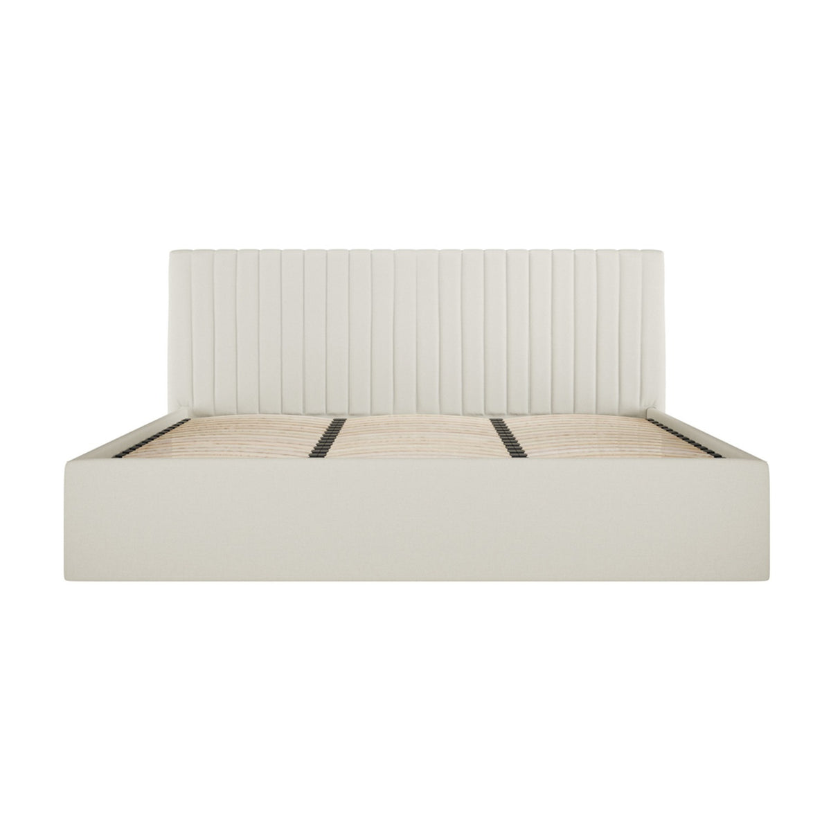 Berlin Ottoman Double Bed Frame in Milk, showing a fluted vertical-channel headboard in off-white fabric with wooden slatted base, set against a plain white background.
