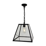 Large contemporary hanging lantern pendant light in black metal with clear glass panels, tapered pyramid shade, exposed bulb, and chain suspension on a plain white background.