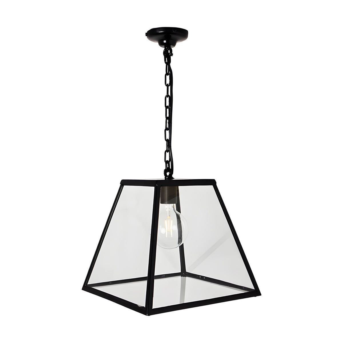 Large contemporary hanging lantern pendant light in black steel with clear glass panels, tapered trapezoid shade on a black chain, E27 bulb visible, plain white background.