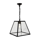 Large contemporary hanging lantern pendant light in black steel with clear glass panels, tapered trapezoid shade on a black chain, E27 bulb visible, plain white background.