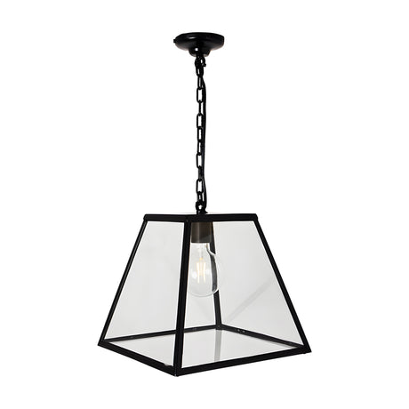 Large contemporary hanging lantern pendant light in black steel with clear glass panels, tapered trapezoid shade on a black chain, E27 bulb visible, plain white background.