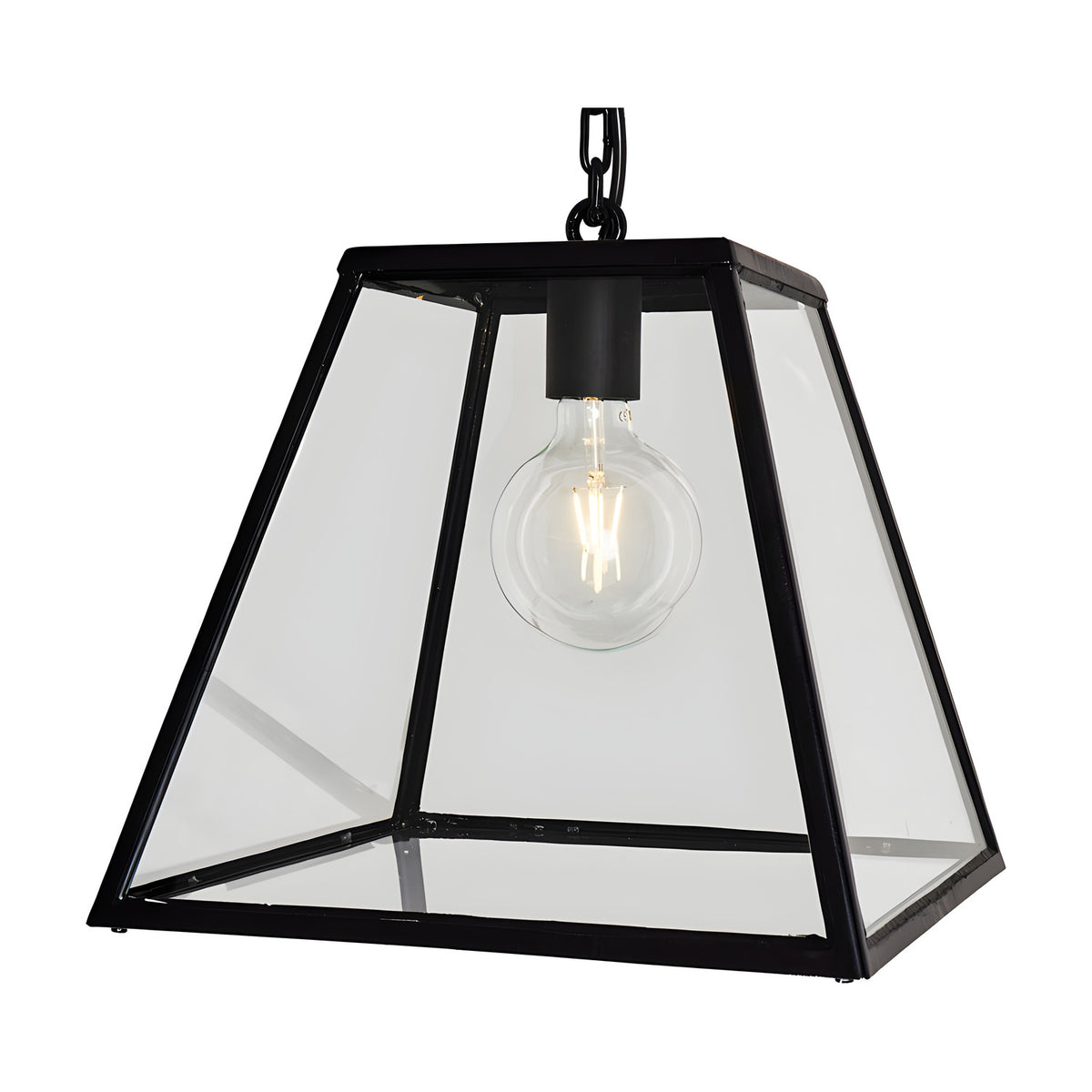 Large Contemporary Hanging Lantern on a chain in black, tapered glass-panelled frame with exposed E27 globe bulb, shown on a plain white background.