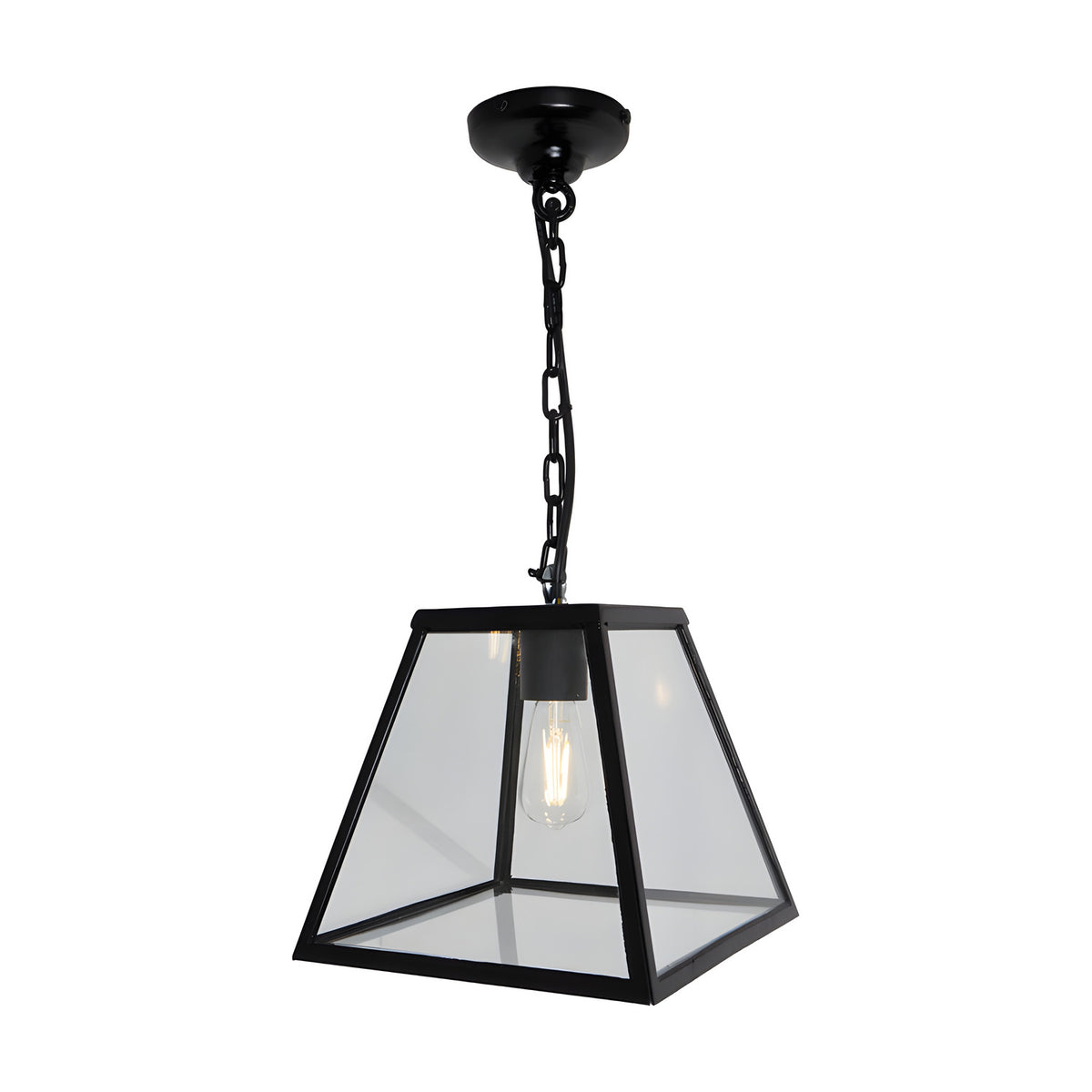 Small contemporary hanging lantern in black steel with clear glass panels, tapered square shade, chain suspension and ceiling rose, shown against a plain white background.
