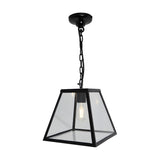 Small contemporary hanging lantern in black steel with clear glass panels, tapered square shade, chain suspension and ceiling rose, shown against a plain white background.