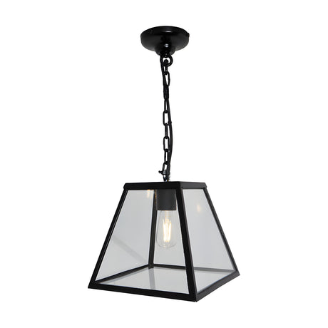 Small contemporary hanging lantern in black steel with clear glass panels, tapered square shade, chain suspension and ceiling rose, shown against a plain white background.
