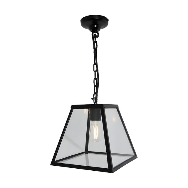Small contemporary hanging lantern in black steel with clear glass panels, tapered square shade, chain suspension and ceiling rose, shown against a plain white background.