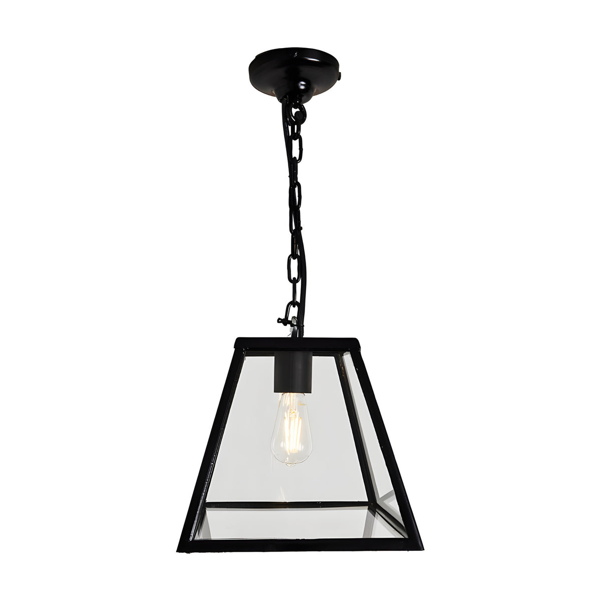 Small contemporary black hanging lantern with tapered clear glass panels, suspended from a black chain and ceiling rose, shown on a plain white background.