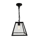 Small contemporary black hanging lantern with tapered clear glass panels, suspended from a black chain and ceiling rose, shown on a plain white background.