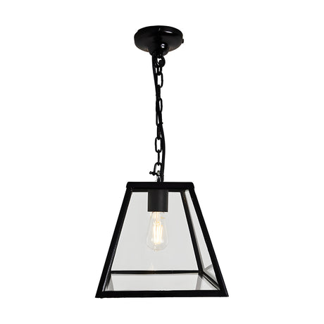 Small contemporary black hanging lantern with tapered clear glass panels, suspended from a black chain and ceiling rose, shown on a plain white background.