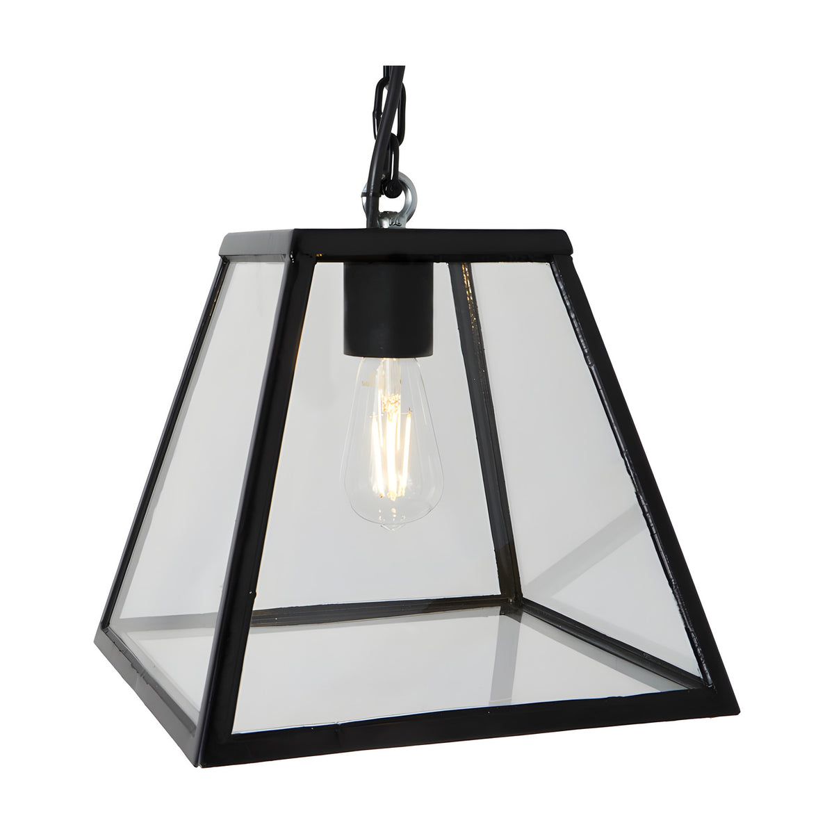 Small Contemporary Hanging Lantern on a Chain in black, with a tapered clear glass and steel frame housing an exposed bulb, shown on a plain white background.