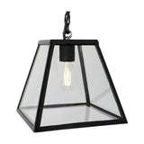 Small Contemporary Hanging Lantern on a Chain in black, with a tapered clear glass and steel frame housing an exposed bulb, shown on a plain white background.