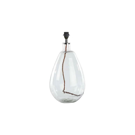 Baba Large Tall Recycled Glass Lamp Base in Clear, a teardrop-shaped glass table lamp with handblown ripples, chrome collar and black E27 holder, shown on a plain white background.