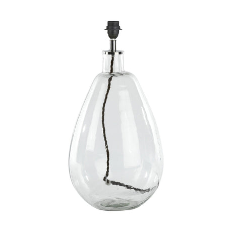 Baba Small Tall Recycled Glass Lamp Base in clear, teardrop-shaped with uneven glass walls, chrome collar, black E27 lampholder, and visible brown flex, shown on a plain white background.
