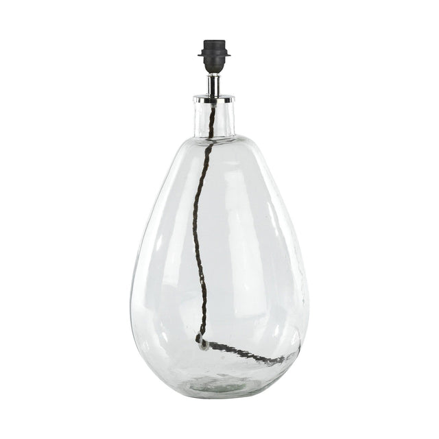 Baba Small Tall Recycled Glass Lamp Base in clear, teardrop-shaped with uneven glass walls, chrome collar, black E27 lampholder, and visible brown flex, shown on a plain white background.