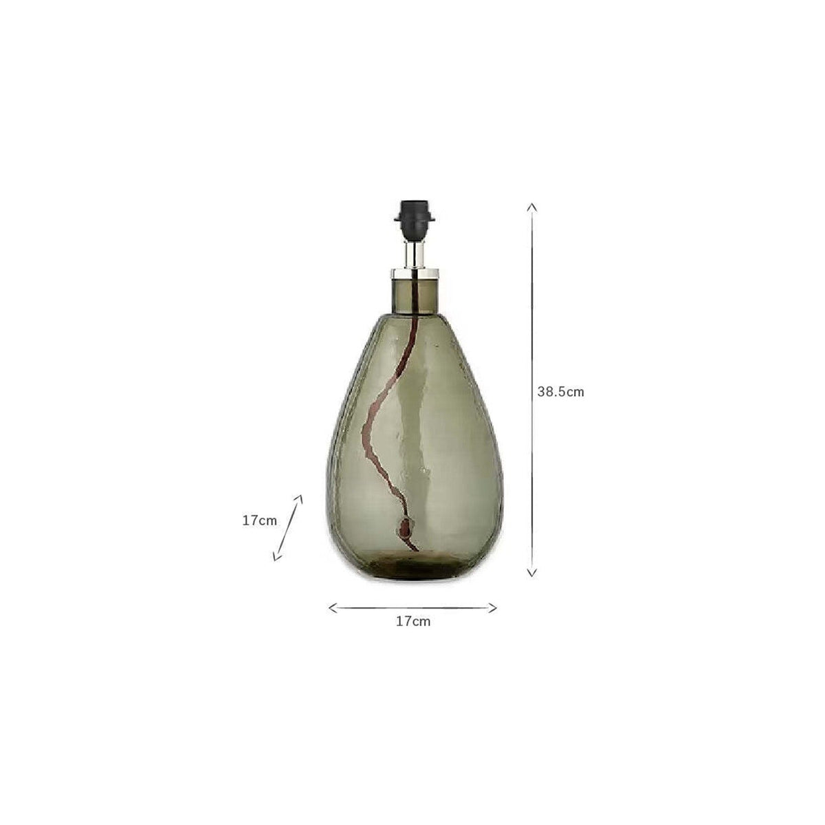 Green teardrop-shaped recycled hammered glass lamp base with chrome neck collar and black E27 lampholder, 38.5cm high, shown on a white background with dimensions labelled.
