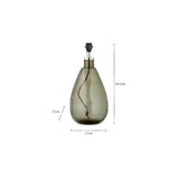 Green teardrop-shaped recycled hammered glass lamp base with chrome neck collar and black E27 lampholder, 38.5cm high, shown on a white background with dimensions labelled.